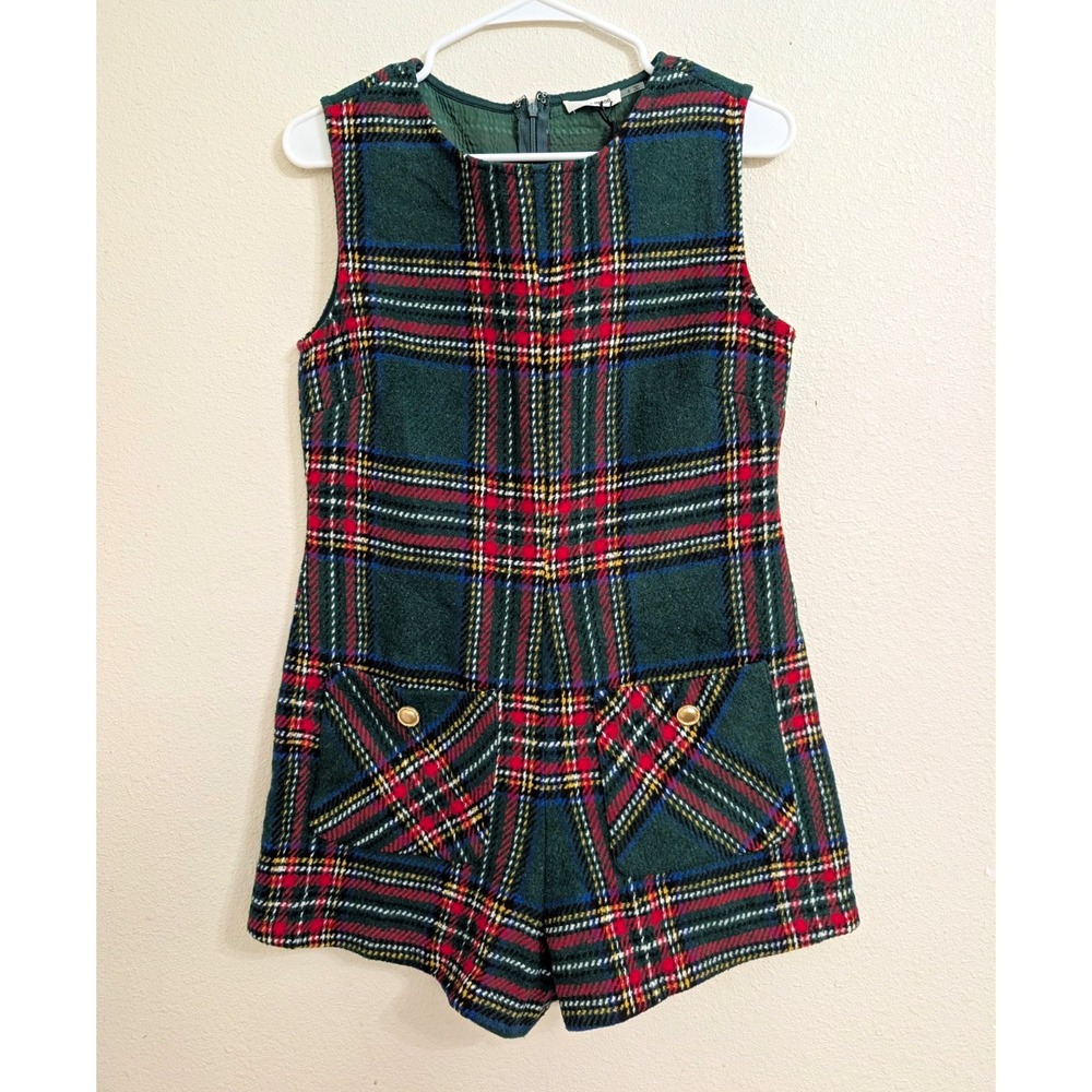 day + moon Women's Plaid Romper Round Neck Sleeveless Zip Size S Holiday Outfit